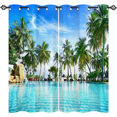 Rideau Occultant Tropical Océan Plage Palmier Tenture Opaque à Oeillets Draperies Intérieurs Rideau Thermique Isolant pour Maison Chambre Salon Fenetre 2 Pièces L 107 x H 160 cm - 107L X 160H cm (2 Pa (1/5)