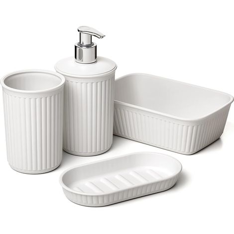 4 Pièces - Ensemble Salle De Bain - Gobelet Distributeur Porte-Savon Organisateur - Design Moderne Sans BPA Pour Maison - Blanc Pergamon - Divers Tailles (1/3)