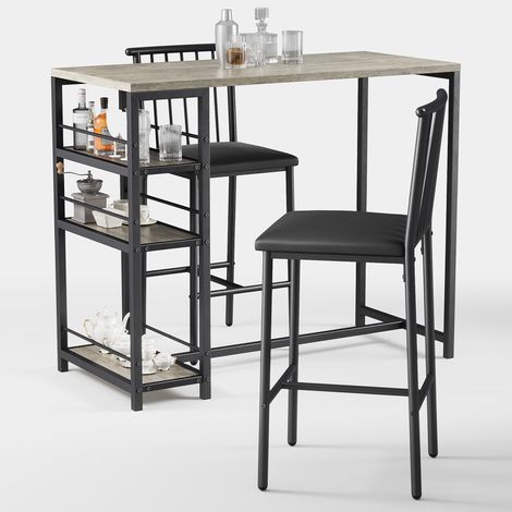 Bealife Mesa Alta para Comer de Pie con 2 Taburetes con Respaldo - Juego de Muebles de Cocina y Comedor con Estructura de Acero Gris