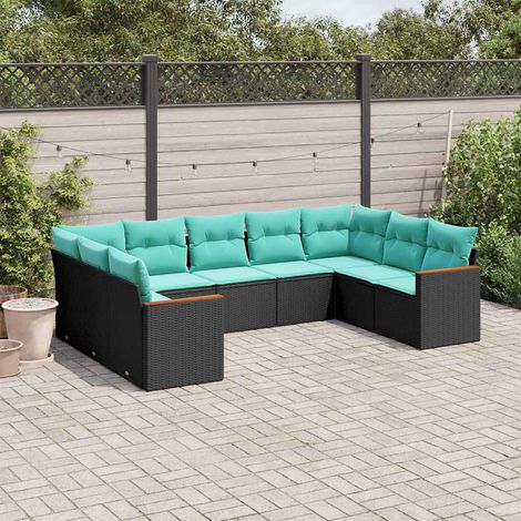 vidaXL Conjunto de sofá de jardín de 9 piezas con cojines, de poliratán negro (1/5)
