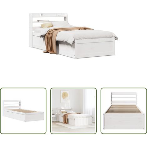 vidaXL TĂŞte de lit sur pied - Cadre de lit avec tĂŞte de lit blanc 90x190cm bois de pin massif (1/5)