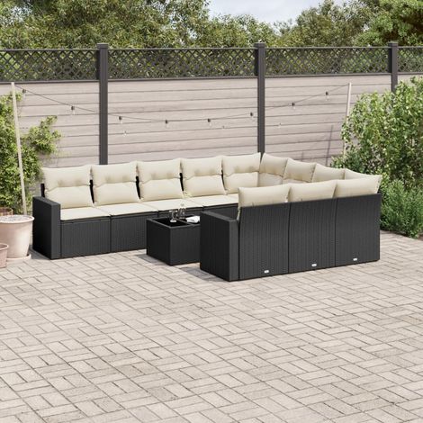 Ensemble Salon Jardin 11 Pièces Noir Résine Tressée avec Table Verre Trempé et Coussins Crème Amovibles (1/5)