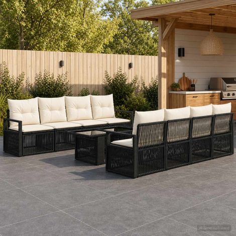 vidaXL Set Divano da Giardino 9 pz Nero e Bianco Crema polyrattan (1/5)