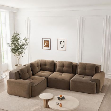 Canapé d'angle modulable en tissu côtelé marron 295 x 206 x 69 cm (1/5)