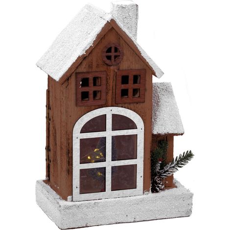 LED Holz Weihnachts Haus mit Schneedach - 29 cm - Lichterhaus Tisch Fenster Deko beleuchtet mit weihnachtlichem Zierschmuck