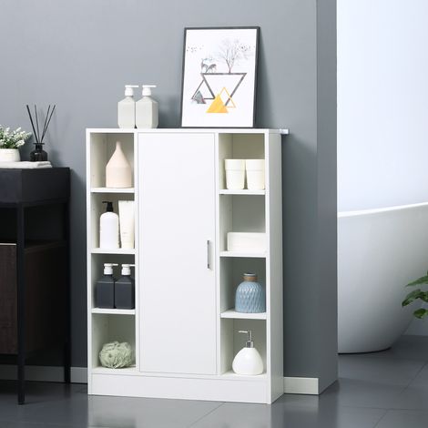 Meuble de salle de bain en bois avec 8 compartiments ouverts et 1 porte avec étagères réglables, meuble d'appoint multifonctionnel pour cuisine et salon, 71 x 22 x 100 cm, blanc (1/5)