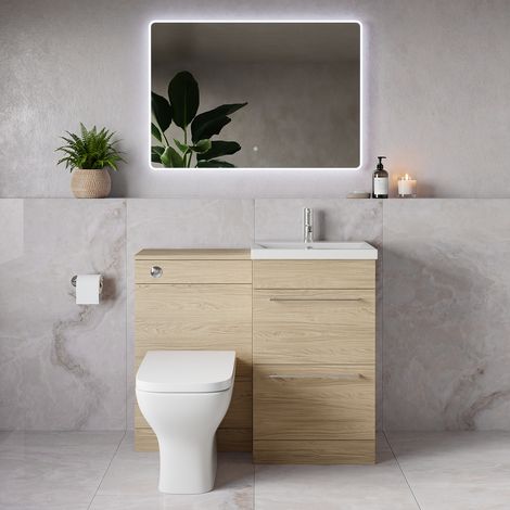 Napoli 390 Light Oak 1000mm 2 Drawer Vanity Unit Toilet Suite with Glide Basin - 1000mm - Chrome 320mm HandleWith Kingston Toilet Pan and Seat