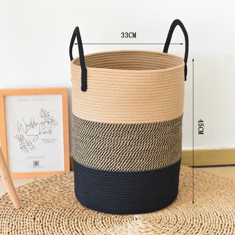 Grand panier à linge tressé en corde de coton, panier à linge bohème, panier à couvertures, panier à jouets et à vêtements pour l'organisation de la chambre et du salon, marron et noir (1/4)