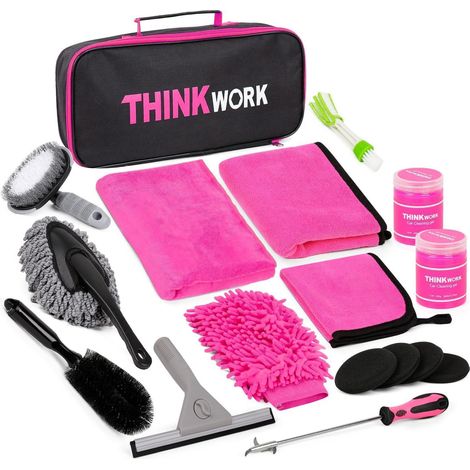 Kit de nettoyage voiture 17 pièces rose intérieur extérieur avec accessoires (1/5)