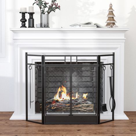 Pare-feu Large pour cheminée ou poêle - Pare-étincelles serviteur de cheminée 2 en 1 avec Accessoires - 3 Volets Pliables et Porte - Acier métal Noir (1/5)
