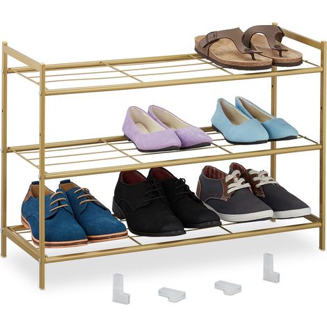 Relaxdays – Étagère à chaussures en métal 3 niveaux – Empilable pour 9 paires – Dimensions H 50 x L 70 x P 26 cm – Acier doré