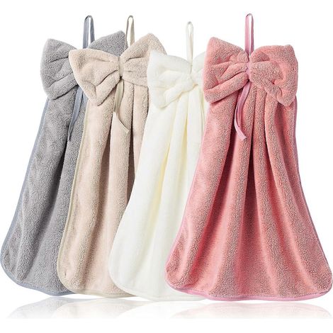 Lot de 4 serviettes suspendues à nœud papillon, en microfibre velours corail, absorbantes, ultra douces et mignonnes, idéales pour la cuisine et la salle de bain. (1/5)
