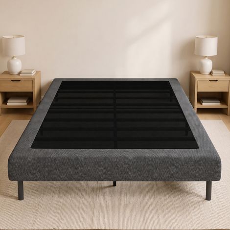 Sommier Tapissier 140x190 cm, Cadre de Lit avec Revêtement en Chenille, 10 Lattes Bois, 9 Pieds Stables, Gris (1/5)