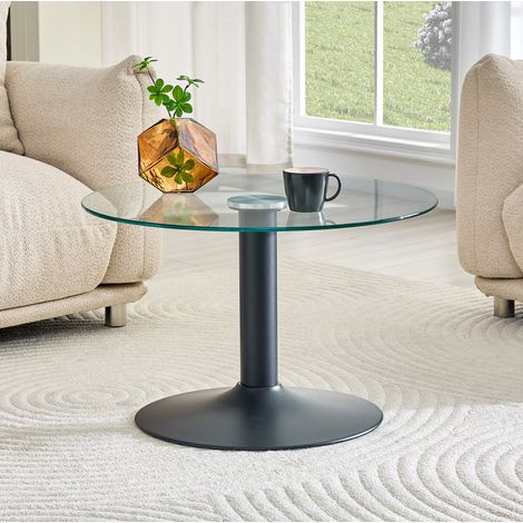 Table basse ronde Ø70 cm en verre trempé avec structure métal, table d’appoint canapé, design moderne, noir (1/5)