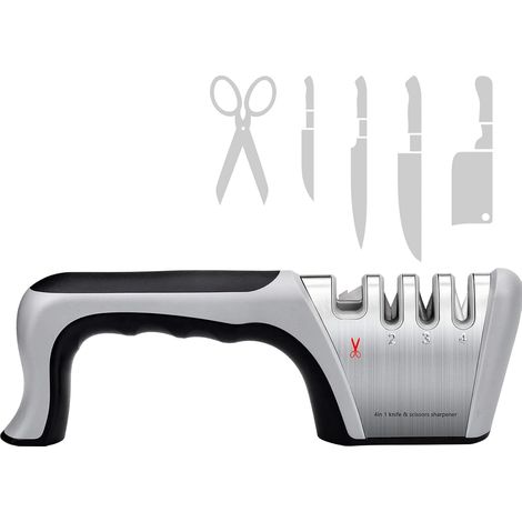 Aiguiseur Couteaux Professionnel Manuel 4 en 1 Affûteurs Manuels Knife Sharpener avec Base Antidérapante pour Couteaux, Couteau de Cuisine, Ciseaux (1/5)