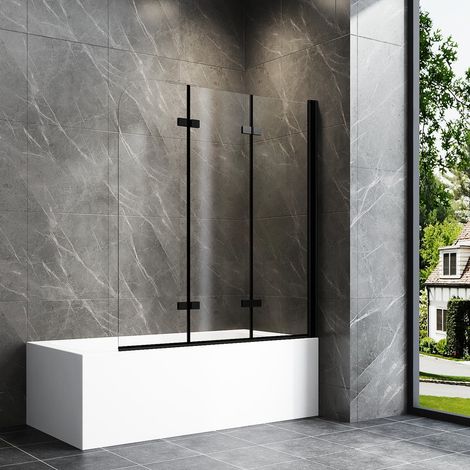 Duschwand für Badewanne 130x140 cm Schwarz Badewannenaufsatz 3-teilig Duschtrennwand für Badewanne Duschwand Badewanne Faltwand Duschabtrennung Badewanne, 6mm ESG Glas (1/5)