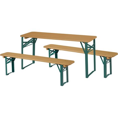 Table et 2 Bancs de Jardin pour Enfants dès 2 Ans - 4 Places - Bancs et Table Rectangulaires Pliables - Ensemble de Camping en Bois Massif Lasuré Teck (1/5)
