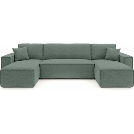 Canapé panoramique d'angle FARAH convertible avec rangement en tissu - Vert (1/5)