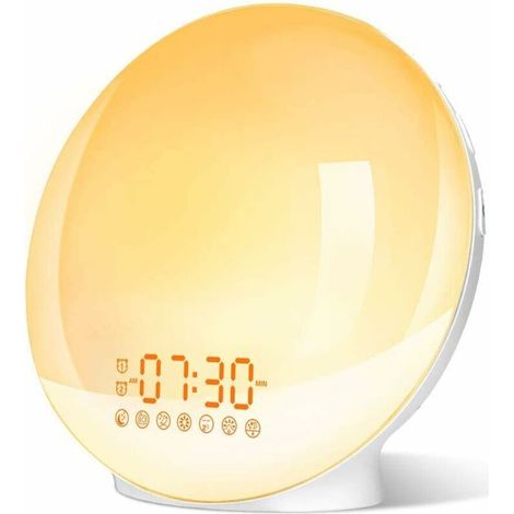 Radio-réveil lumineux LED, lampe de chevet, réglage de la luminosité sur 20 niveaux, simulation du lever et du coucher du soleil, 2 alarmes, 7 effets sonores naturels, fonction snooze, veilleuse enfan (1/5)