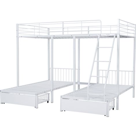 Lit superposé 3 couchages 140x200+2x90x200 cm blanc métal, 2 tiroirs, décomposable en 3 lits, sans matelas (1/5)