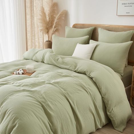 Housse de Couette Gaze de Coton 220x240 Vert Sauge 2 Personnes Mousseline Adulte Unie Parure de Lit Moderne Douceur Parure Housse Couette avec Fermeture Éclair avec Taies d'oreiller 65x65 (1/5)