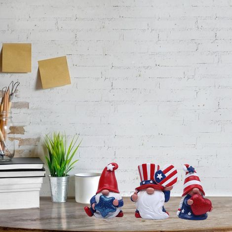 Set mit 3 dekorativen Gartenzwergen für den amerikanischen Nationalfeiertag, handgefertigtes Kunstharz für den Tisch, 3-teilige Box, Einheitsgröße. (1/5)