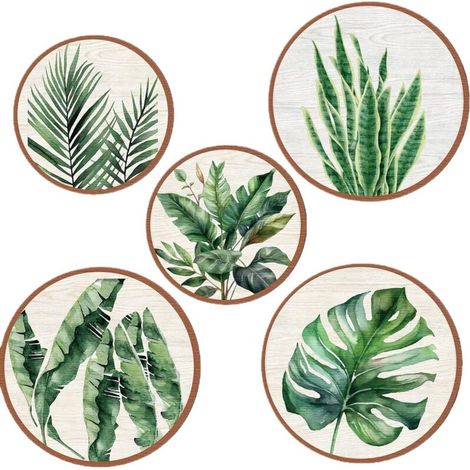 Lntyq Lot de 5 décorations murales en bois - Style bohème - Décoration murale ronde pour chambre à coucher - Plantes tropicales Monstera vert - Décoration