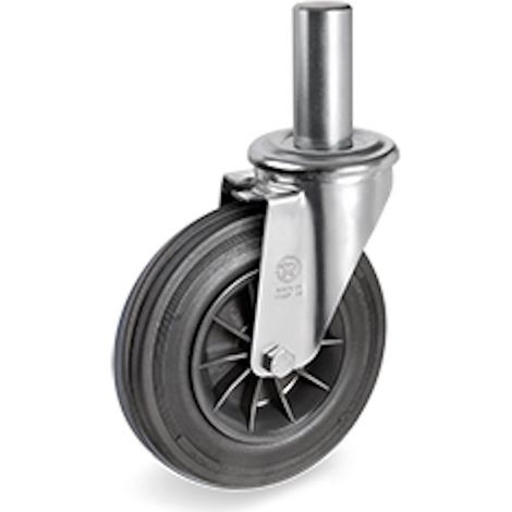 Roulette pivotante à TIGE LISSE Ø 22 x 47 mm , Caoutchouc NOIR Ø 125 mm 100 Kg