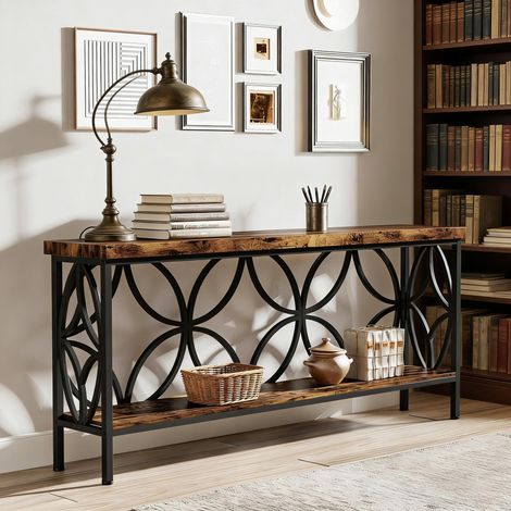 Table basse industrielle, table de salon 2 étages, console étagère, bibliothèque rangement, meuble bois et métal (1/5)