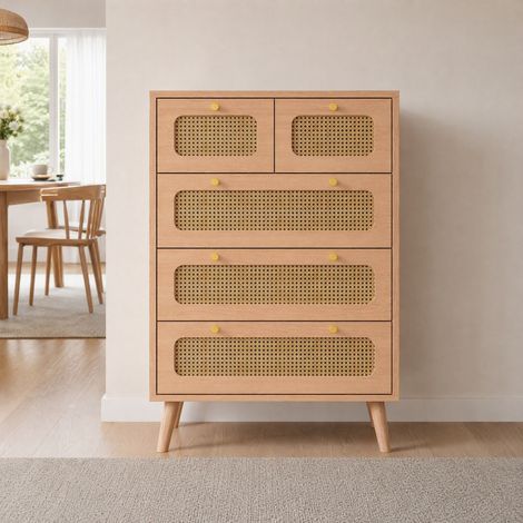 Commode 5 tiroirs, rangement avec faĂ§ades rotin, meuble pour chambre et salon, style boho scandinave, 60x34x91cm, Naturel (1/5)