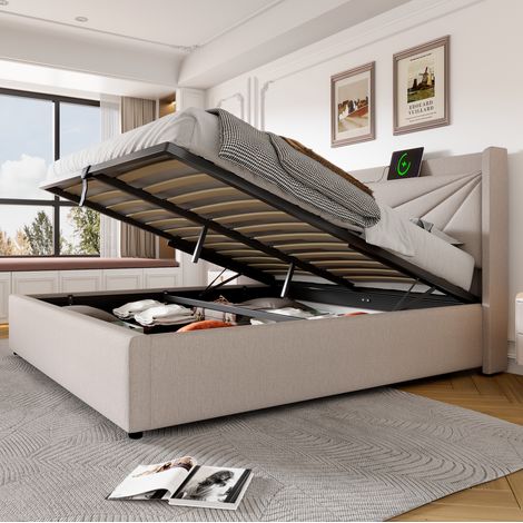 Cama doble tapizada moderna 160x200 cm beige, con cabecero geométrico, arcón, USB/Type-C y somier de láminas (1/5)