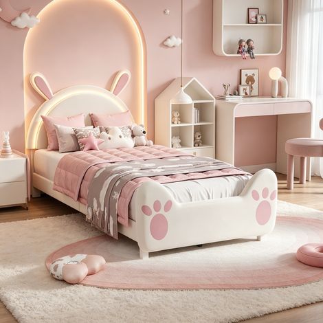 Lit 90x200,lit simple 90x200,lit princesse,lit fille,lit enfant,lit adulte,avec sommier a lattes,tissu en velours,Rose (1/5)