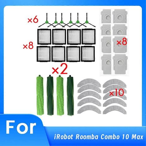 Accessoires ultra-résistants pour aspirateur robot iRobot Roomba Combo 10 Max : brosse latérale principale, filtre HEPA, sac à poussière et coussinet de nettoyage. (1/5)