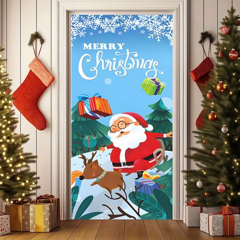 Rideau de porte de Noël 2026, bannière extérieure avec fond photo Père Noël et chien, tissu à suspendre - 90 x 180 cm (rainure + ruban) - 29
