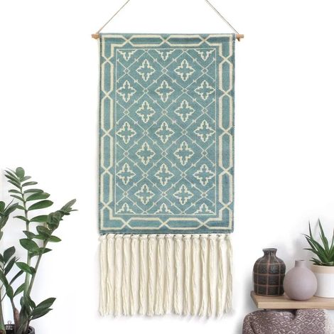 Décoration murale en macramé aztèque, style bohème, faite main, en coton, avec pompon à franges et barre de suspension en cuivre, idéale pour une chambre d'enfant ou une décoration murale (étoile de L (1/5)