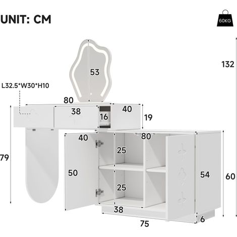 Table de maquillage avec miroir lumineux LED, 3 niveaux de température ajustables – Coiffeuse blanche, 2 tiroirs + armoire 4 compartiments de rangement, 160x40x132 cm, pour chambre à coucher