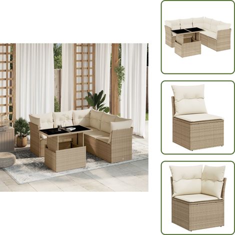 Salon de jardin avec coussins 6 pcs beige résine tressée - Ensemble Salon De Jardin - Salon Extérieur - Meuble Jardin - Table Basse Extensible - Canapé D'extérieur (1/5)