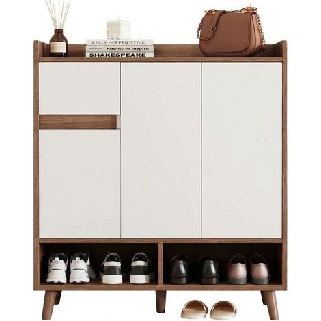 ELVMI Zapatero con Cajones, Nichos Abiertos y Estantes Ajustables, para Recibidor, Blanco Natural, 90 x 35 x 99 cm (1/5)