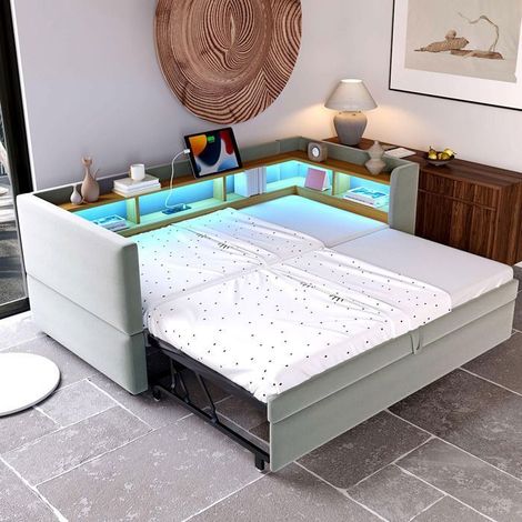 GUTENT Canapé‑lit gigogne 90/180 x 190 cm gris clair - métal, sommier à lattes, LED, prises