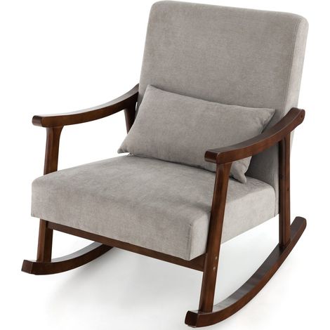 COSTWAY Wooden Rocking Accent Chair Upholstered Rocker Armchair w/ Rubber Wood Armrests Brown