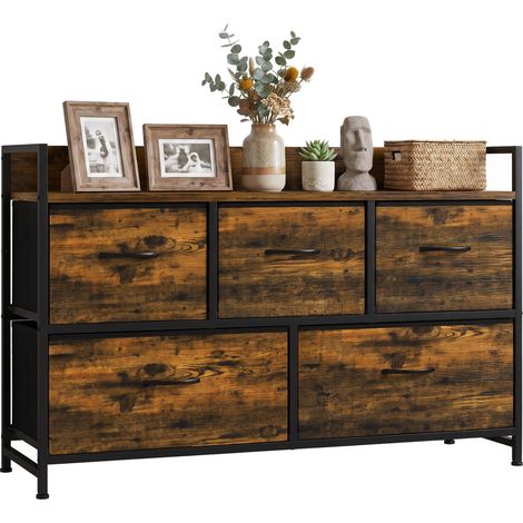 Mueble organizador cajonera de tela con 5 cajones y marco metálico estilo industrial para salón recibidor dormitorio 98x29x63 cm marrón rústico (1/5)