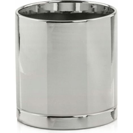 Vaso da fiori in ceramica con sottovaso, rotondo, liscio, argento, 13 cm (1/2)