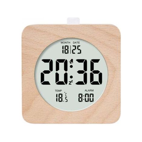 Réveil numérique LCD en bois carré - Horloge alarme avec affichage date/température, snooze, rétroéclairage, alimentation 3 piles AAA (1/5)