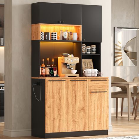 Alacena de cocina - 100 x 40 x 180 cm - luces led rgb enchufes usb 6 puertas 1 cajón gran espacio de almacenamiento - estilo moderno - MDF - natural negro (1/5)