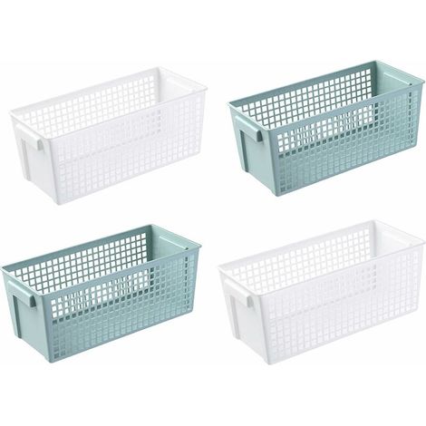 Panier Rangement, Lot de 4 Boite Rangement Plastique Avec Poignées, Empilable panier rangement, pour Salle de Bain, Cuisine, Chambre, Bureau, Blancs, Verts (29 x 13 x 11,5 cm) (1/4)
