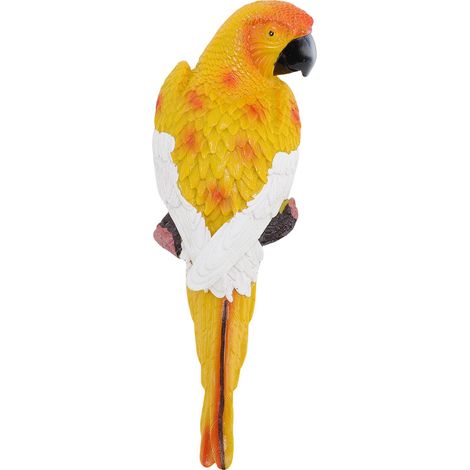 Décoration murale réaliste en forme de perroquet, fabriquée en résine haute résistance, avec un dos plat, idéale pour être suspendue dans le jardin, de couleur jaune. (1/5)