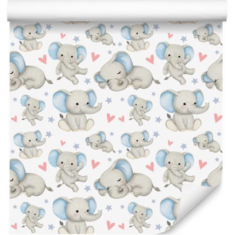Papel pintado de elefantes en blanco, gris claro y azul celeste para salón y dormitorio, 50x1000 cm. (1/5)