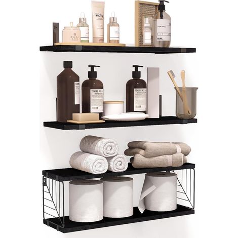 Étagères flottantes de salle de bain à 3 niveaux et 1 niveaux, étagères rustiques en bois de 40 cm, décoration murale pour salle de bain, salon, chambre et cuisine (noir) (1/5)