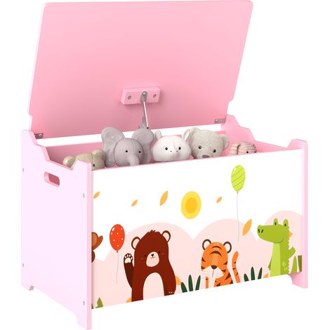 Coffre à jouets rose 60x37x39 cm avec couvercle à charnières, poignées et motif animal, meuble enfant design ludique et pratique pour rangement chambre