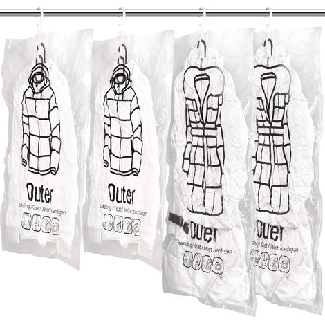 Lot de 4 sacs de rangement sous vide réutilisables à suspendre avec crochets. 2 pièces de 67 x 90 cm et 2 sacs de 67 x 110 cm. Fonctionne avec n'importe quel aspirateur. (1/5)